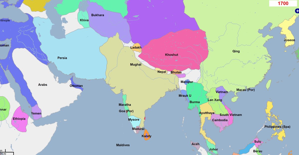 1700 ADThe Mughal golden age. The Empire will only go downhill from this century onwards. 18/24