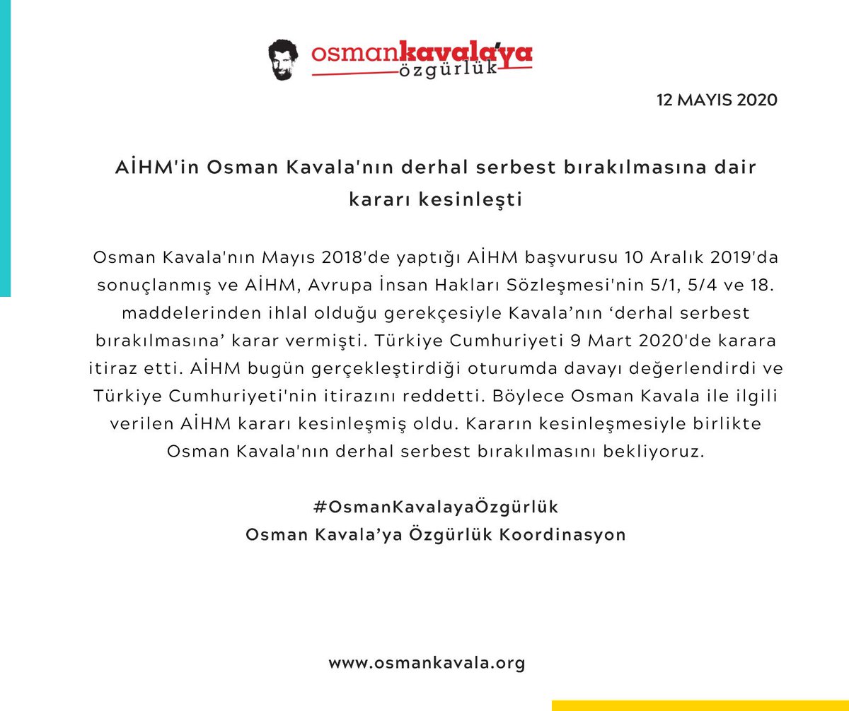 crnrdm's tweet photo. AİHM'in #OsmanKavala’nın derhal serbest bırakılmasına dair kararı bugün kesinleşti. Osman Kavala'nın derhal serbest bırakılmasını bekliyoruz!

#OsmanKavalayaÖzgürlük https://t.co/a5ATuHypBl