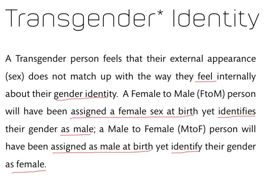 Usual terminology appears. Assigned at birth  (Sex is observed and recorded in well over 99.9% of cases. Interesting approach to “protected characteristics” here. Apparently we all have a “gender identity” so it automatically covers us all.