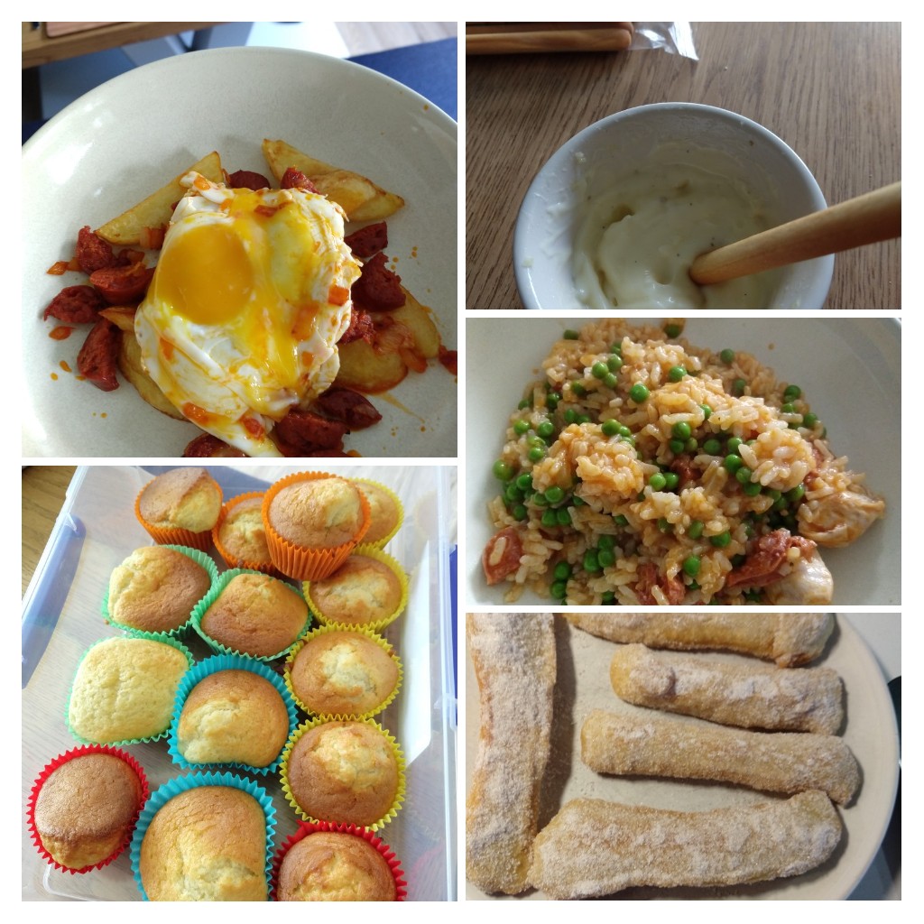 Few images of Aaron's cooking on his birthday today for his <a href="/HollingworthAc/">Hollingworth Academy</a> project. Clockwise from bottom left magdalenas, broken eggs (chorizo and potato), alioli, paella and churros. All absolutely superb.