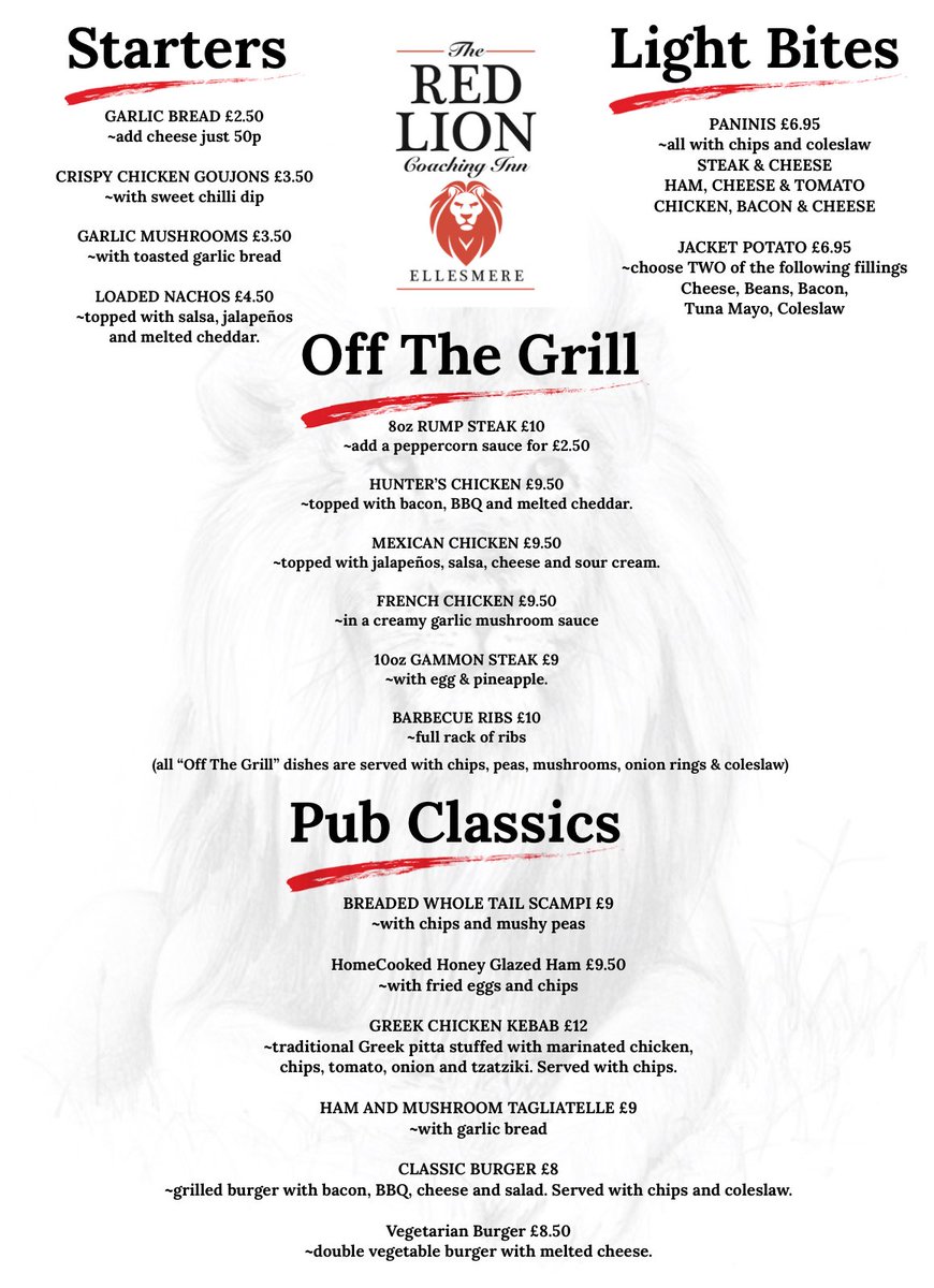 RedEllesmere's tweet photo. THURSDAY, FRIDAY &amp; SATURDAY 5-8.30

Call on 01691 622632 or Message on here with your orders for any of those days.

#threedaytakeaway #redlionellesmere #treatyourself #pubgrub #ellesmere #shropshire https://t.co/VxToTzSKQH