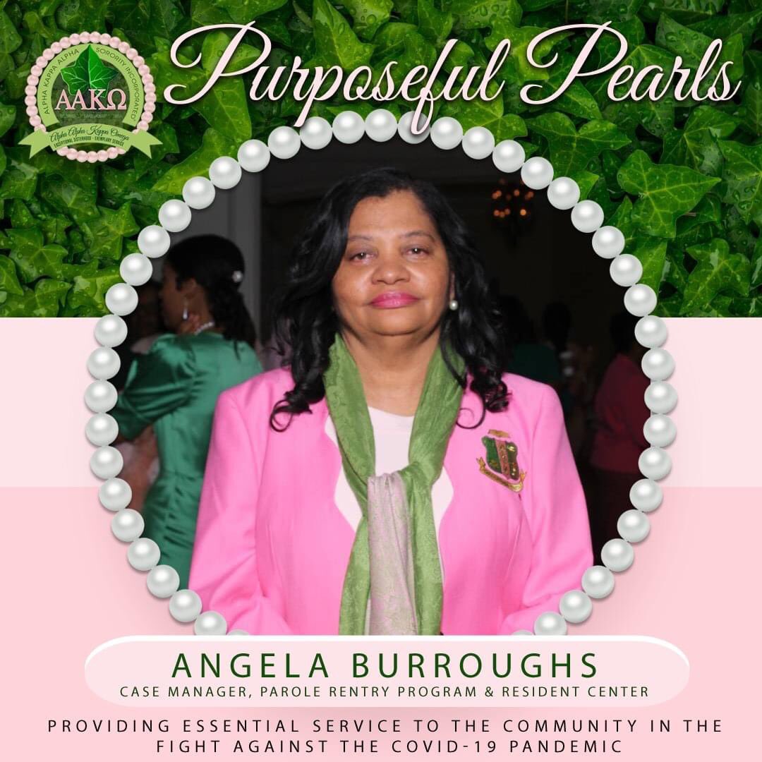 AAKOmega2019's tweet photo. AAKΩ salutes our "Purposeful Pearls" who are too essential to isolate. Thanks to all essential workers on the frontline.
We salute Angela Burroughs, (Case Manager-Parole ReEntry Program).
#AKA1908 #AlphaAlphaKappaOmega #SocialDistancingIsASeriousMatter #AKAStayingHomeFor https://t.co/l1rud4vtv0