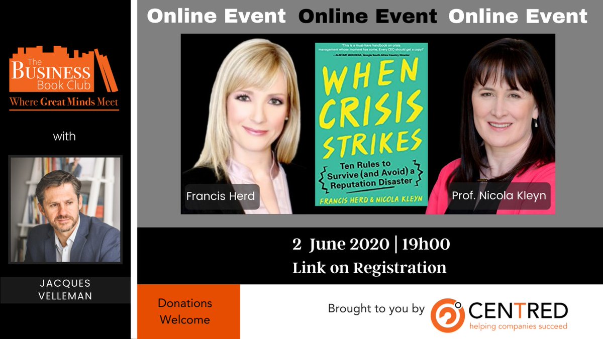 tbbcsa's tweet photo. Join our exciting Online Event where founder @jacquesvelleman will interview co-authors of  #WhenCrisisStrikes @FrancisHerd and @NicolaKleyn in collaboration with @PanMacmillanSA

https://t.co/W42mzqGpmg     
        
#corporate #events #business #Entreprenuer https://t.co/1EsvVqLwSd