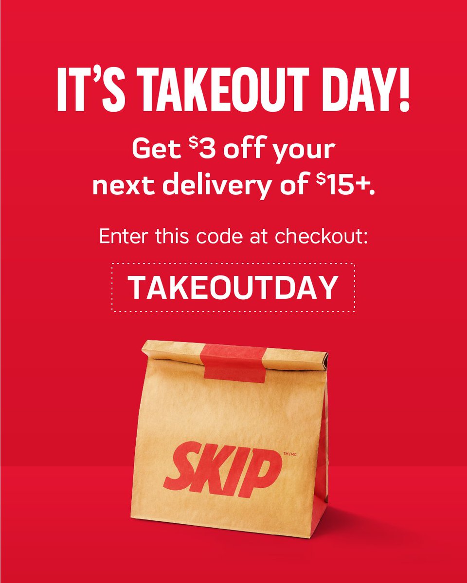 It's Takeout Day! Today only - order from us using SkipTheDishes and take $3 off your next $15+ order using code TAKEOUTDAY. Don't worry, we're still offering curbside pickup tonight!