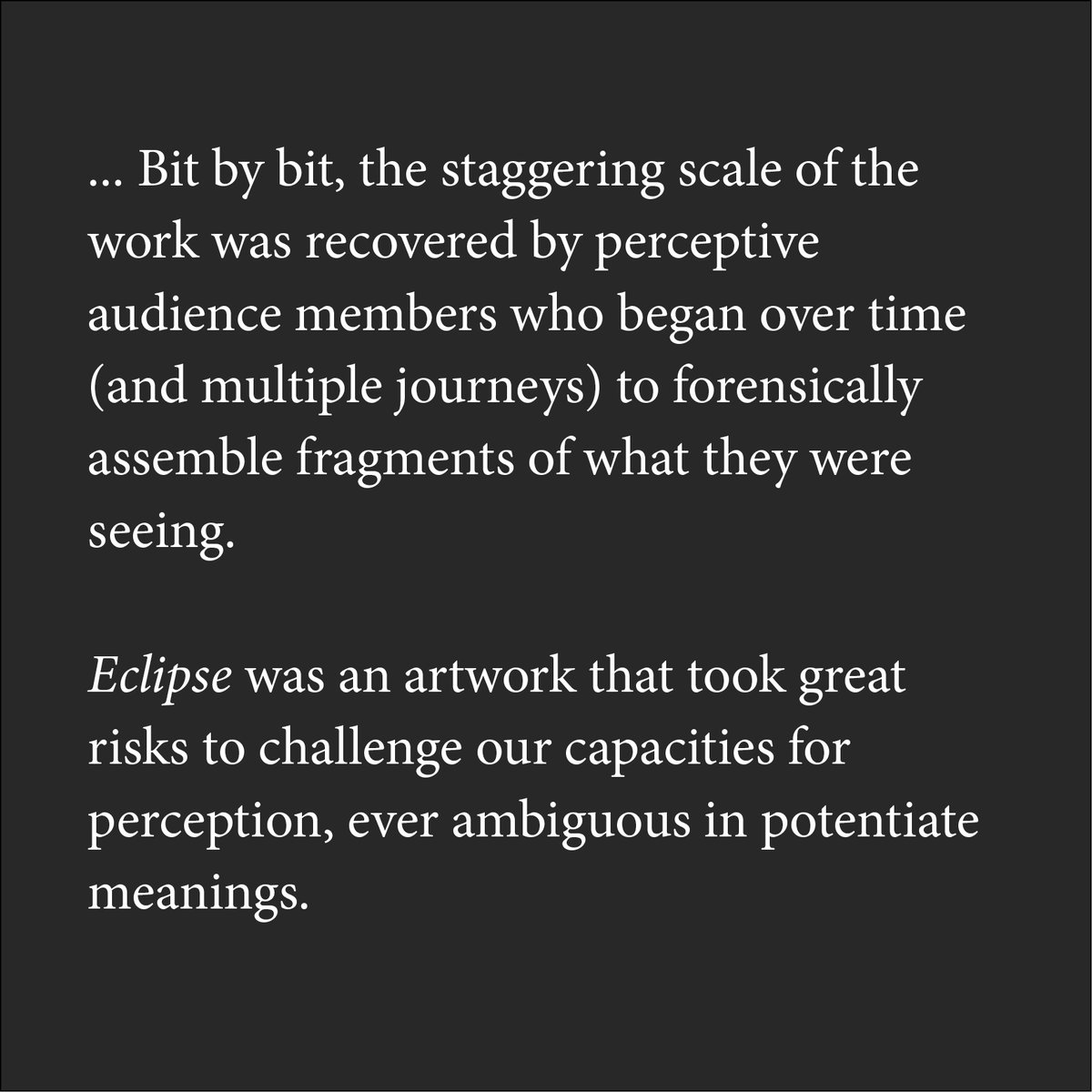 "Bit by bit, the staggering scale of the work was recovered by perceptive audience members who began over time to forensically assemble fragments of what they were seeing."
David Cross

ART ANYWHERE? 2020
Online symposium
artanywhere.net

#artisttalk
#artsymposium