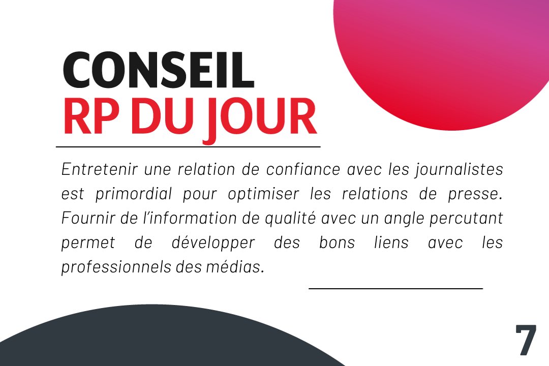 Il va de soi qu'une importante partie de notre travail repose sur les relations que nous entretenons avec les médias. C'est grâce à la qualité de ce que vous partagez que vous serez en mesure de tisser ces précieux liens de confiance.

#ConseilRP #PRTips