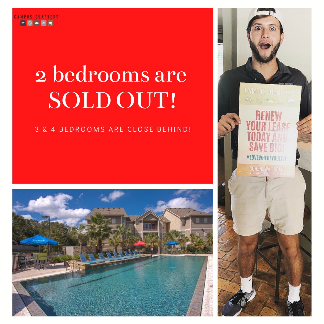 2 bedrooms are officially SOLD OUT for Fall 2020! 🤯 3 &amp; 4 bedrooms are following close behind. 💪 If you still need to secure your Fall 2020 housing head over to the link in our bio and press the apply button! ✅ All $500 deposits are waived online today. #CampusQuarters