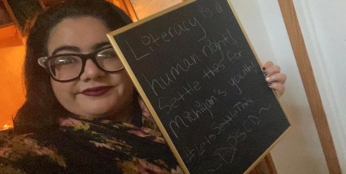 MIStudentsDream's tweet photo. Marwah, an educational site leader with @ACCESS1971 and a Dearborn Heights resident, understands that literacy is a human right and that @GovWhitmer needs to settle it! For Michigan’s Youth! #LetsSettleThis #SettleTheCase #StandwithDetroitStudents #WeRideForLiteracy @482Forward https://t.co/C87fNckTrc