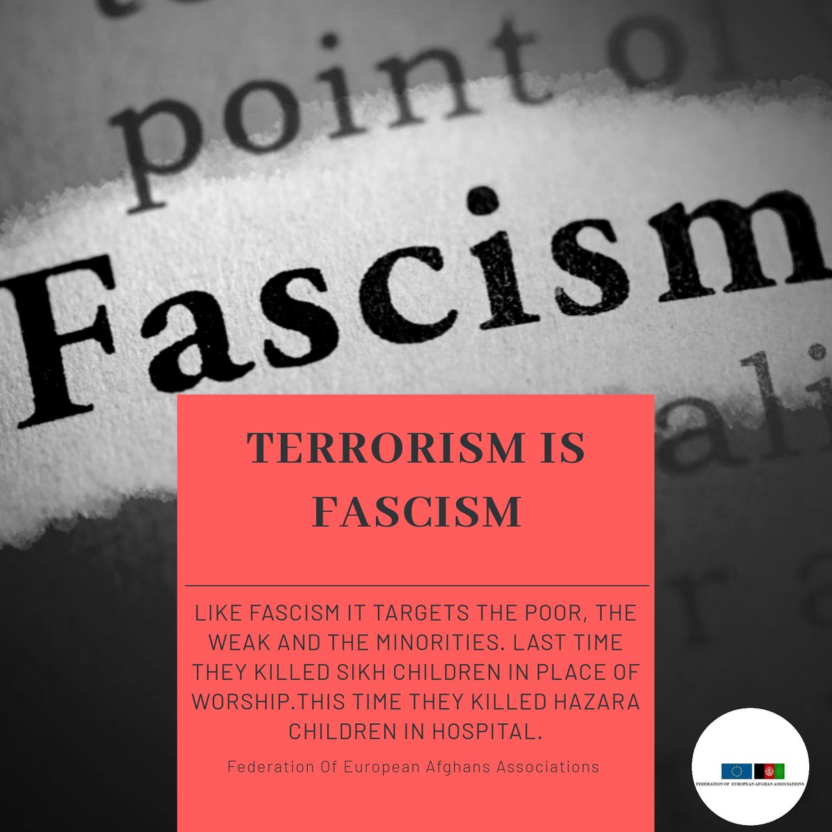 EuropeanAfghans's tweet photo. #Terrorism Is #Fascism
They kill the weak, the poor and the minority.
Stop forced deportations to Afghanistan. It is not safe.
#FEAA #EuropeanAfghans #EU #TerrorismIsFascism #Afghanistan https://t.co/qlBXBArtfw