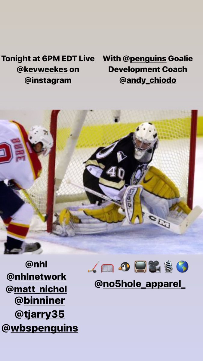 KevinWeekes's tweet image. Live today 6PM EDT @kevweekes on @instagram with @penguins Goalie Development Coach @Andy_Chiodo.
Having helped Tristan Jarry &amp;amp; @binnnasty become @NHL All-Stars, Andy has become one of the Goalie Coaches on the rise ! #HockeyAtHome #HockeyTwitter 🏒🥅📺🎥🎙🌎
