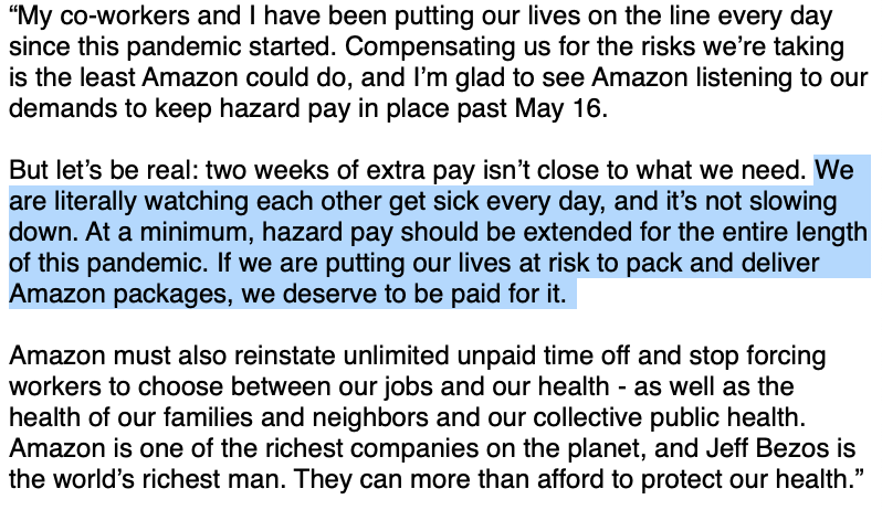 SamAdlerBell's tweet photo. Monica Moody, an @amazon worker at the #CLT4 fulfillment center in Charlotte, NC, on the extension of hazard pay through May — a partial concession to protesters' demands. https://t.co/90smsGufU3