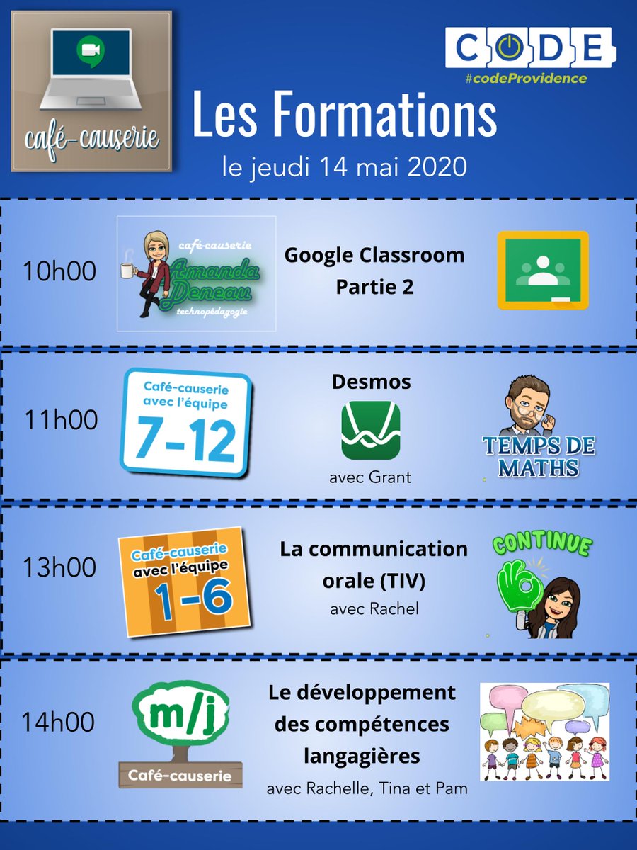 Rejoignez-nous demain pour nos formations via 
<a href="/google_meet/">Google_Meet</a> <a href="/CscProvidence/">Csc Providence</a>
 #apprentissageàdistance #codeprovidence #çavabienaller