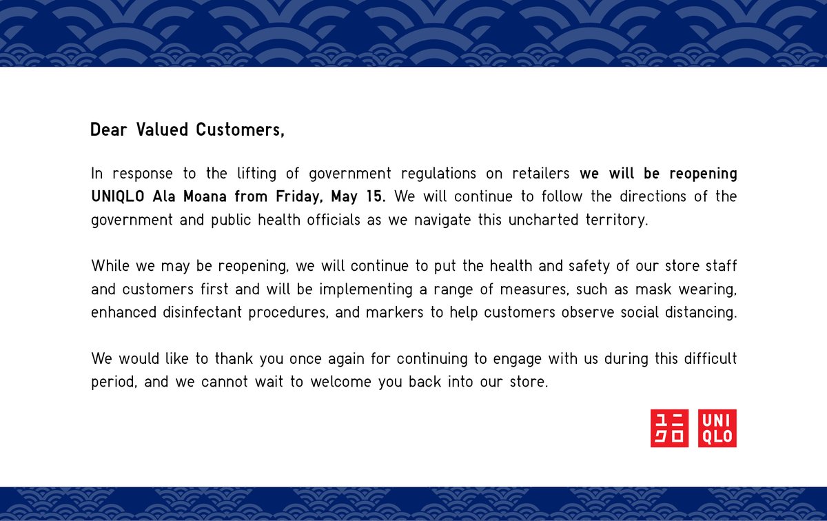 uniqlo_hawaii's tweet photo. Mahalo for all your support! We'll be back from Friday 5/15 with reduced shopping hours. Mon- Sat 11am-7pm and Sun 12 noon - 6pm. #UniqloHawaii #AlaMoanaCenter https://t.co/j5fjIzFcCJ