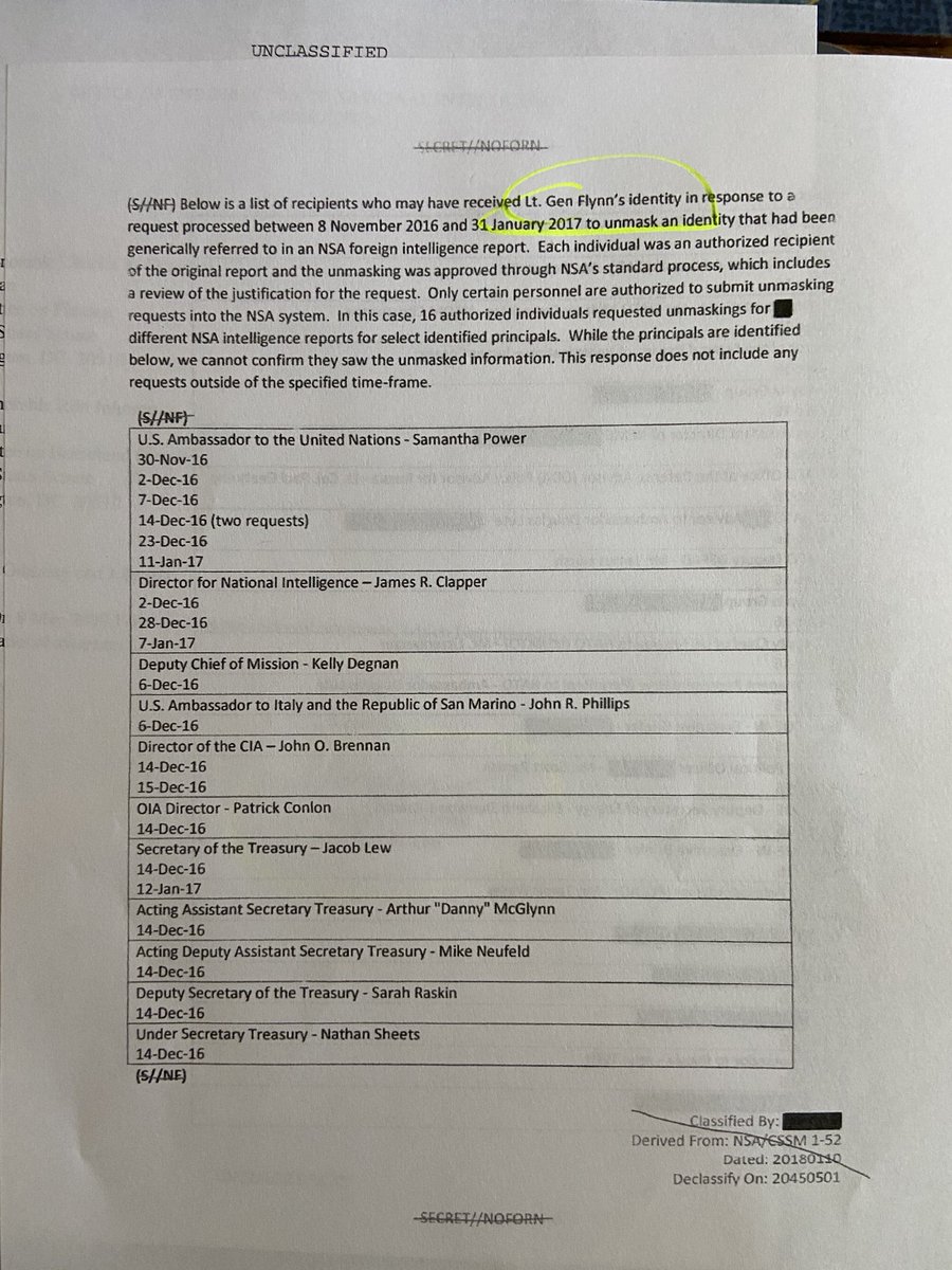 17. On the great  #ObamaGate  #Flynn unmasking, NB it appears from the first page of the declassified list that the people who requested to know Flynn's identity didn't know who the NSA had intercepted. Likely only something like "USPerson#3." That's how  #FISA works.  @JoeBiden