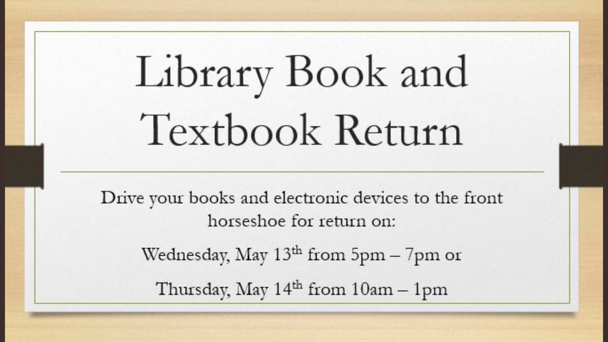 Students don’t forget you can return your library materials (books, calculators, and laptops) today from 5-7. 📚 💻