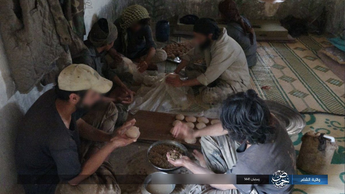 Bread, potatoes, pasta, kababs, and other foods prepared for Ramadan meals by IS militants in Homs, Syria: #JihadiFood