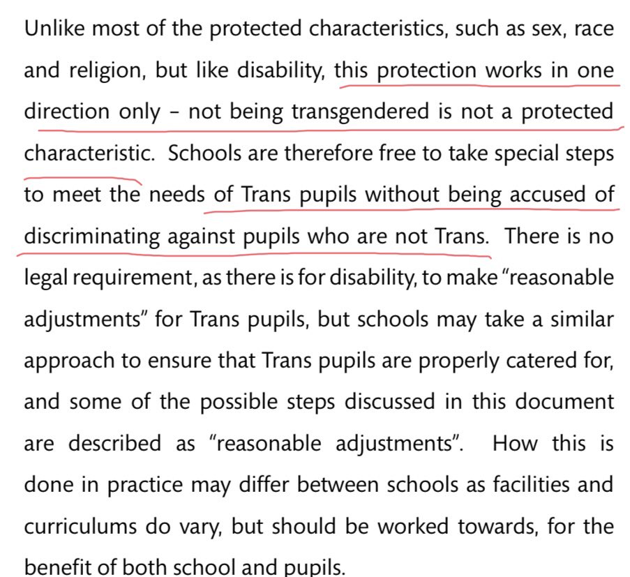 This tortuous langauge is designed to imply schools don’t need to have regard to other protected characteristics. Its obviously the case there are conflicts with sex & , I would argue, SEXual orientation. Also numerous examples of compromising disabled facilities.