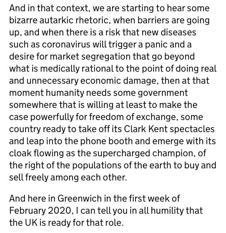 cpeedell's tweet photo. If ever you need to understand Boris Johnson’s response to #COVID19 pandemic, you need only refer to his Feb 3rd “Superman” speech in Greenwich. In fact, one paragraph lays bare the ideology that is driving his response - he values the free market more highly than public safety https://t.co/oLc0bFKHL5