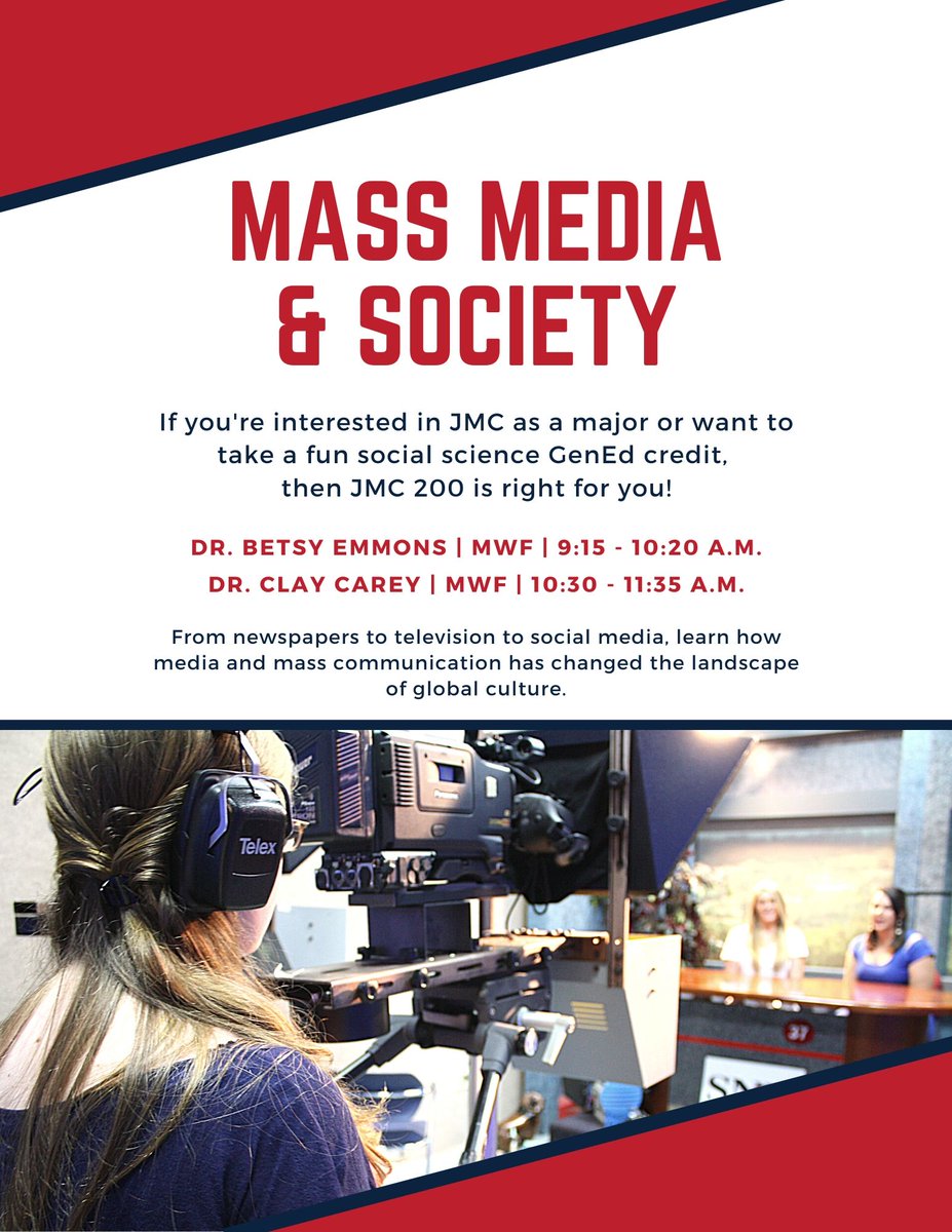 samford_cam's tweet photo. If you're interested in JMC as a major or want to take a fun social science GenEd credit, then consider JMC 200 for the fall! #themajorthatcreates https://t.co/OxEVfqso2t