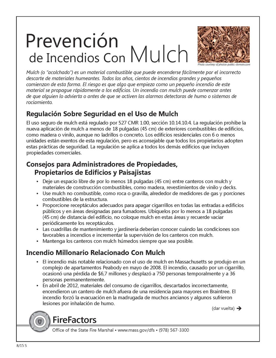 MassDFS's tweet image. DFS has a #FireFactor on #mulch #fire safety, a 1-page educational piece to share with homeowners, building managers, landscapers, and nurseries. Mulch is a combustible substance that can easily catch fire. Available in English and Spanish.  ow.ly/pYoJ50zFu0p