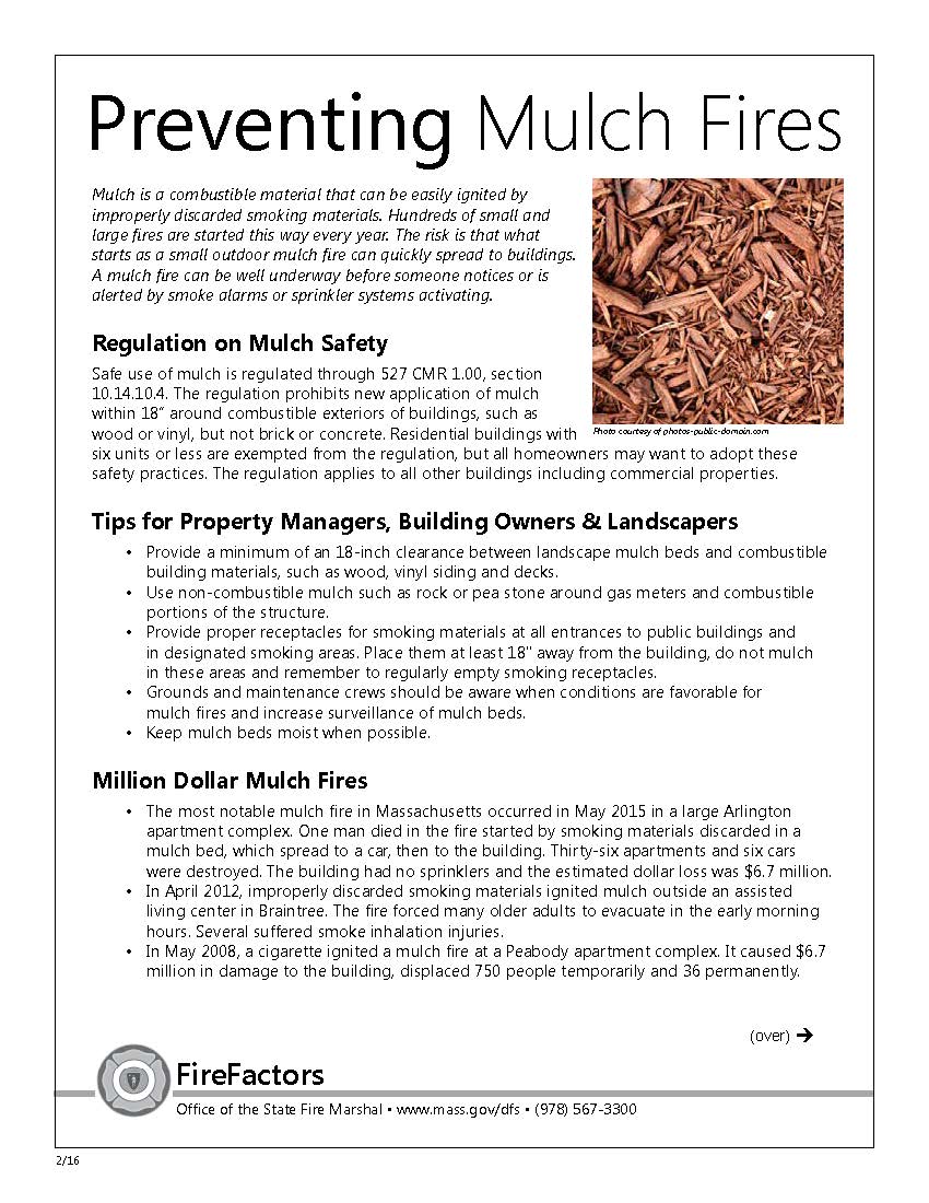 MassDFS's tweet image. DFS has a #FireFactor on #mulch #fire safety, a 1-page educational piece to share with homeowners, building managers, landscapers, and nurseries. Mulch is a combustible substance that can easily catch fire. Available in English and Spanish.  ow.ly/pYoJ50zFu0p