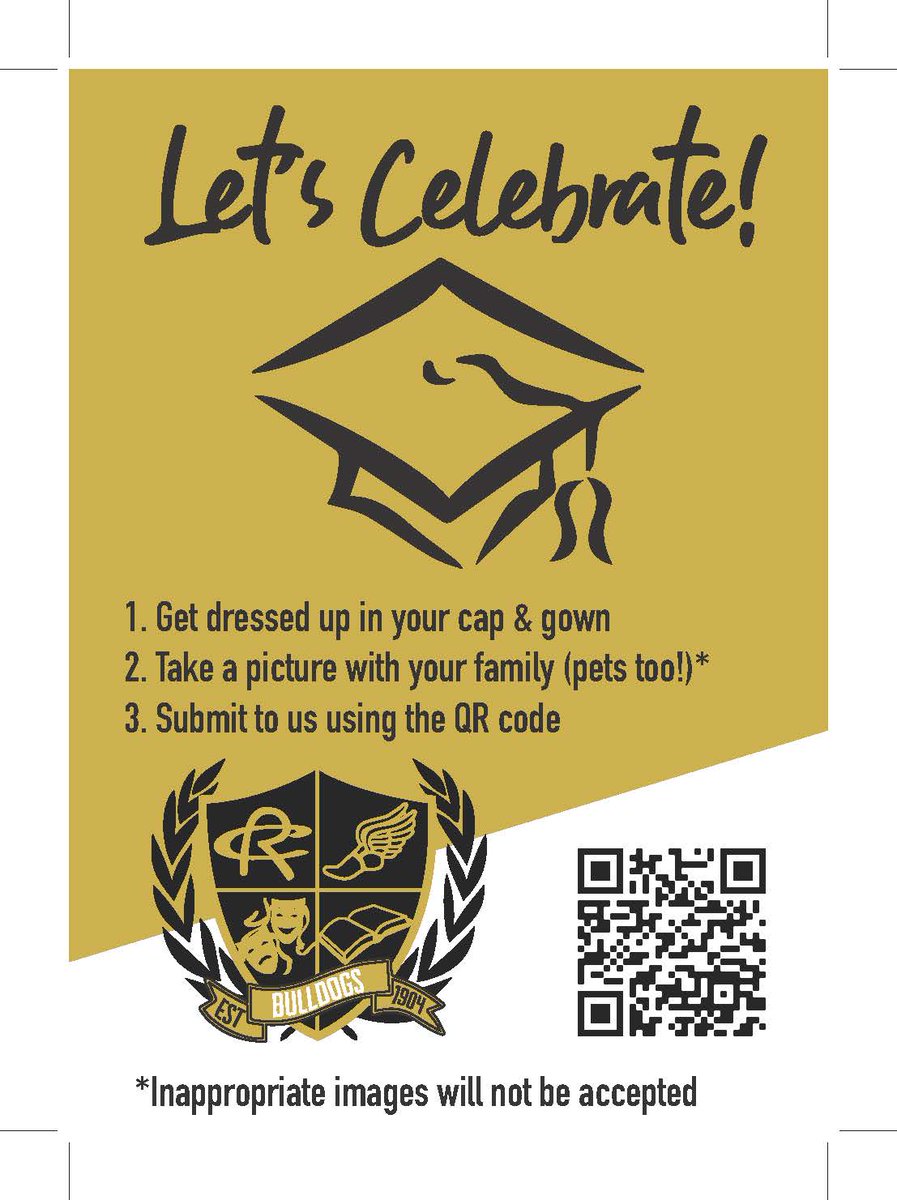 Hey Seniors,
Here is a copy of the card with the link to submit your pic for graduation. The due date is June 5th.
The rest of the stoles and regalia should be available for pickup from RCHS next week. More details will be shared with students who have more regalia to pickup.