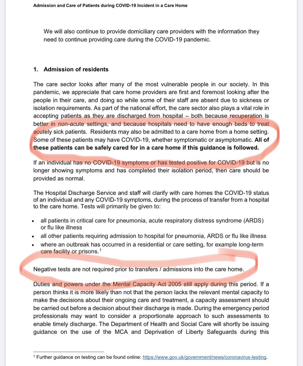 The smoking gun of govt care home policy?Govt advice from 2 April.“Some of these patients may have  #COVOD19. All can be cared for in care homes.”“Negative tests are not required before transfer/admission to the care home.”  #coronavirus via  @Goldbug40  https://www.gov.uk/government/publications/coronavirus-covid-19-admission-and-care-of-people-in-care-homes