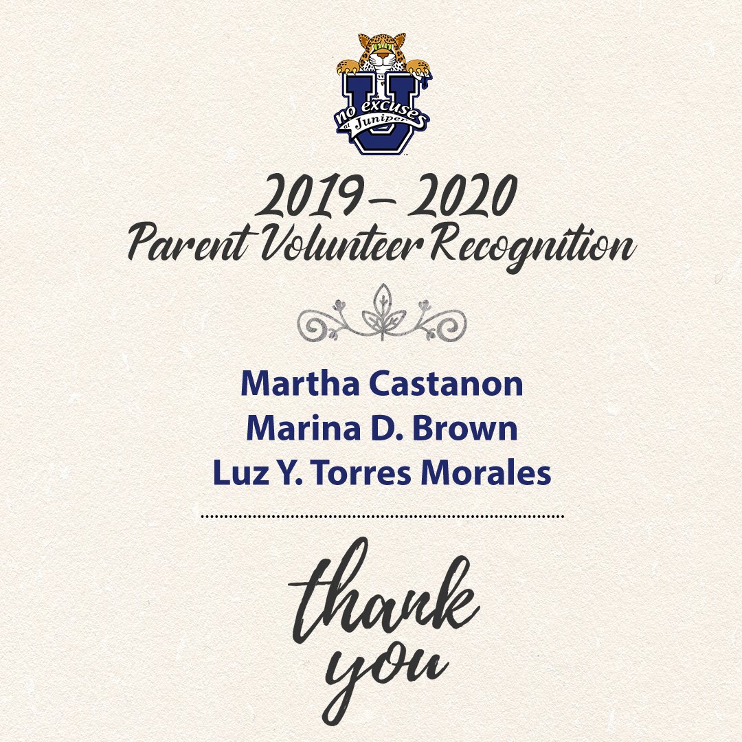 FontanaUnified's tweet photo. These Juniper Jaguar parents get the job done! Thank you to our 2019-2020 Parent Volunteers of the year - Martha Castanon, Marina Brown and Luz Y. Torres Morales. We appreciate all of your hard work! https://t.co/vWYQ3xRCyr