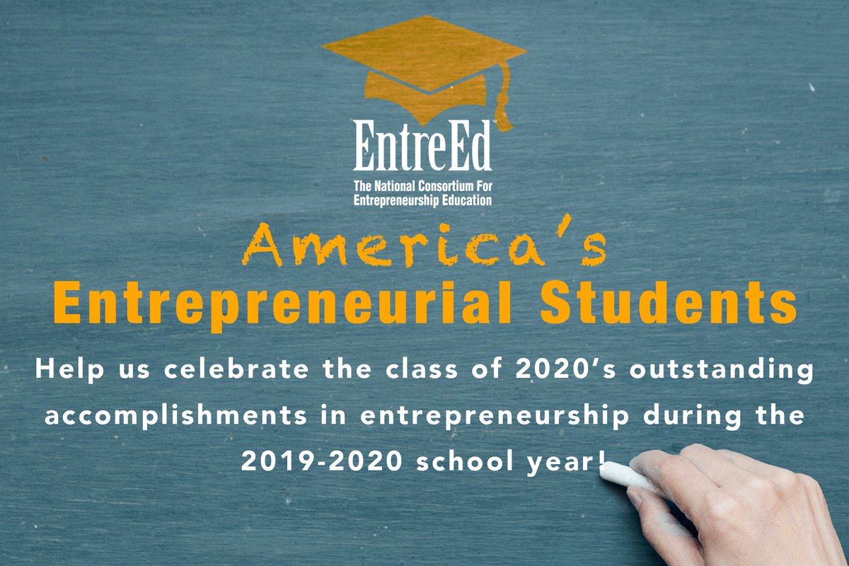 entretalk's tweet photo. EntreEd would like to recognize the class of 2020 for their outstanding entrepreneurial achievements! We are accepting nominations from educators. If you would like to nominate a senior student please submit this form: https://t.co/dziIaST51d @NACCE @EdVGroup @RWScholars https://t.co/irVFZZFL1U