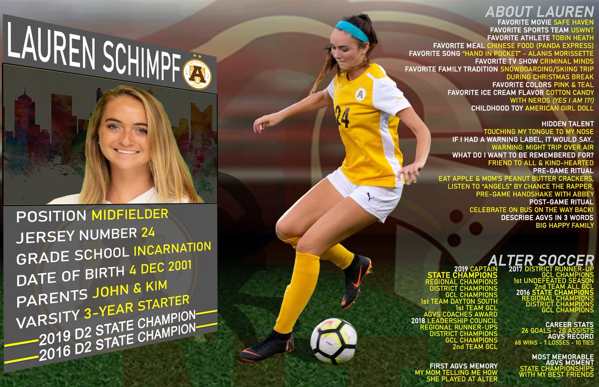 AlterGSoccer's tweet photo. SENIOR SPOTLIGHT: Lauren Schimpf

A 2-time Div II State Champ (2016 &amp; 2019), earned 1st Team All-GCL and 1st Team Dayton South in 2019 and a 4-time GCL League Champ. Lo will attend Indiana Univ in the fall and major in Media Advertising. Continue to shine bright for all to see! https://t.co/SzJSJiV1XL