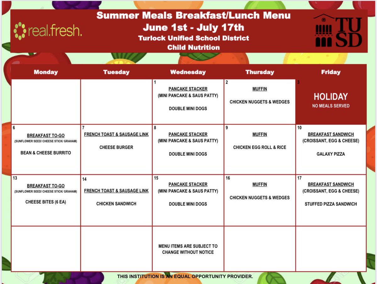 TurlockUSD's tweet photo. As we get close to the end of the school year we want to reassure our families that TUSD meal distribution will continue as it does every summer. More information to follow! 🍊 #TUSD #REALFRESH https://t.co/TAPTKaGqJP