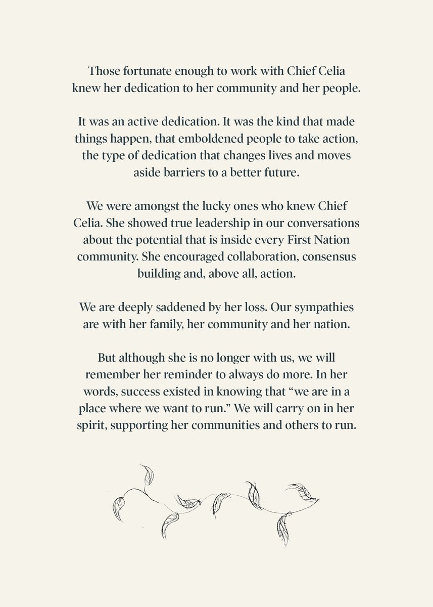 Our thoughts are with Ginoogaming, Matawa and Chief Celia Echum’s family. She was a truly inspirational leader dedicated to her community and to all First Nations