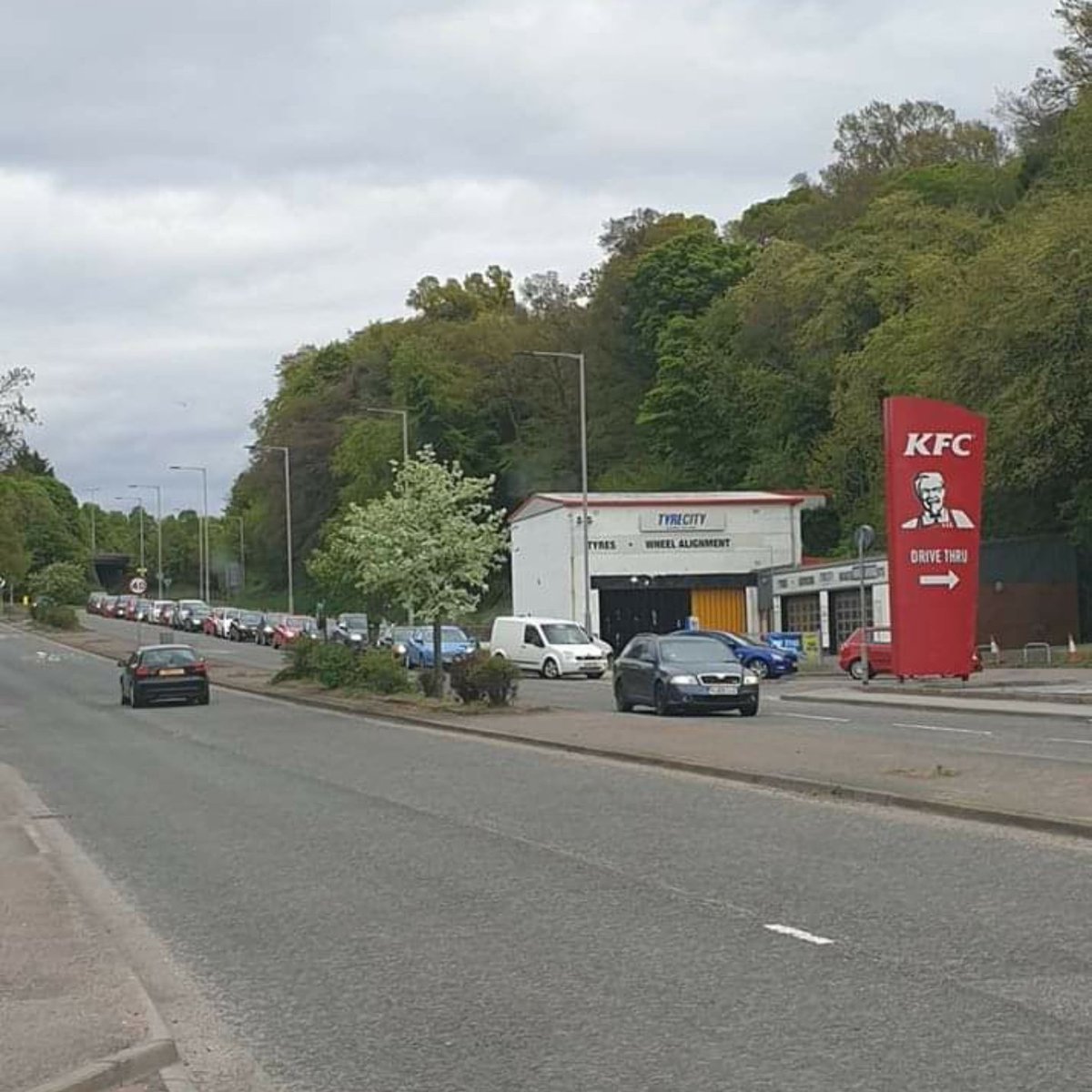 The queue for the KFC drive-thru in Inverness today.... Is KFC an "essential journey"?