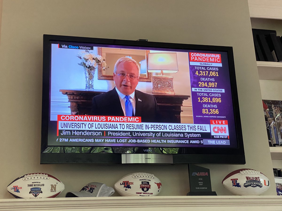tmcclelland's tweet photo. Great job by @DrJBHenderson on @CNN this afternoon. Discussed the return to campus in the fall for @ulsystem schools including @latech https://t.co/lWsS7FVzFl