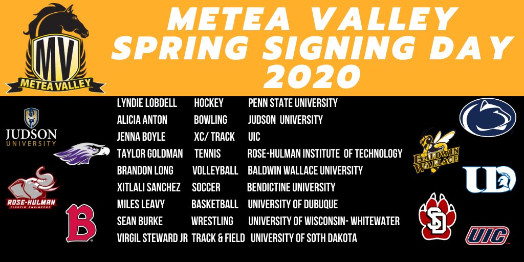 Metea Athletics (@meteaathletics) on Twitter photo SIGNING DAY!! Congratulations to these Seniors who are continuing their sports careers at the next level. Thanks in advance for representing MVHS with class and grit! <a href="/meteavalley/">Metea Valley HS</a> <a href="/MVPrincipal1/">Principal Echols</a> SIGNING DAY!! Congratulations to these Seniors who are continuing their sports careers at the next level. Thanks in advance for representing MVHS with class and grit! <a href="/meteavalley/">Metea Valley HS</a> <a href="/MVPrincipal1/">Principal Echols</a>