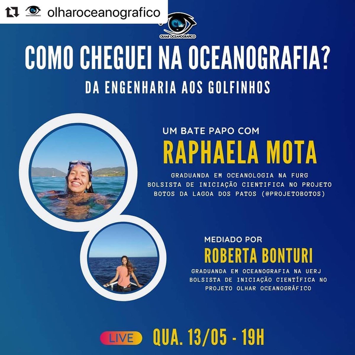 BotosLP's tweet photo. Tá começando já já!! Raphaela, bolsista do projeto, está na #live do Olhar Oceanográfico (@olharoceanografico) contando um pouco sobre sua trajetória na oceanografia e sobre sua pesquisa com os botos. Corre lá no Instagram! 

#oceanlive #oceanografia #Repost #FiqueEmCasa https://t.co/tNq5MG4Pn6