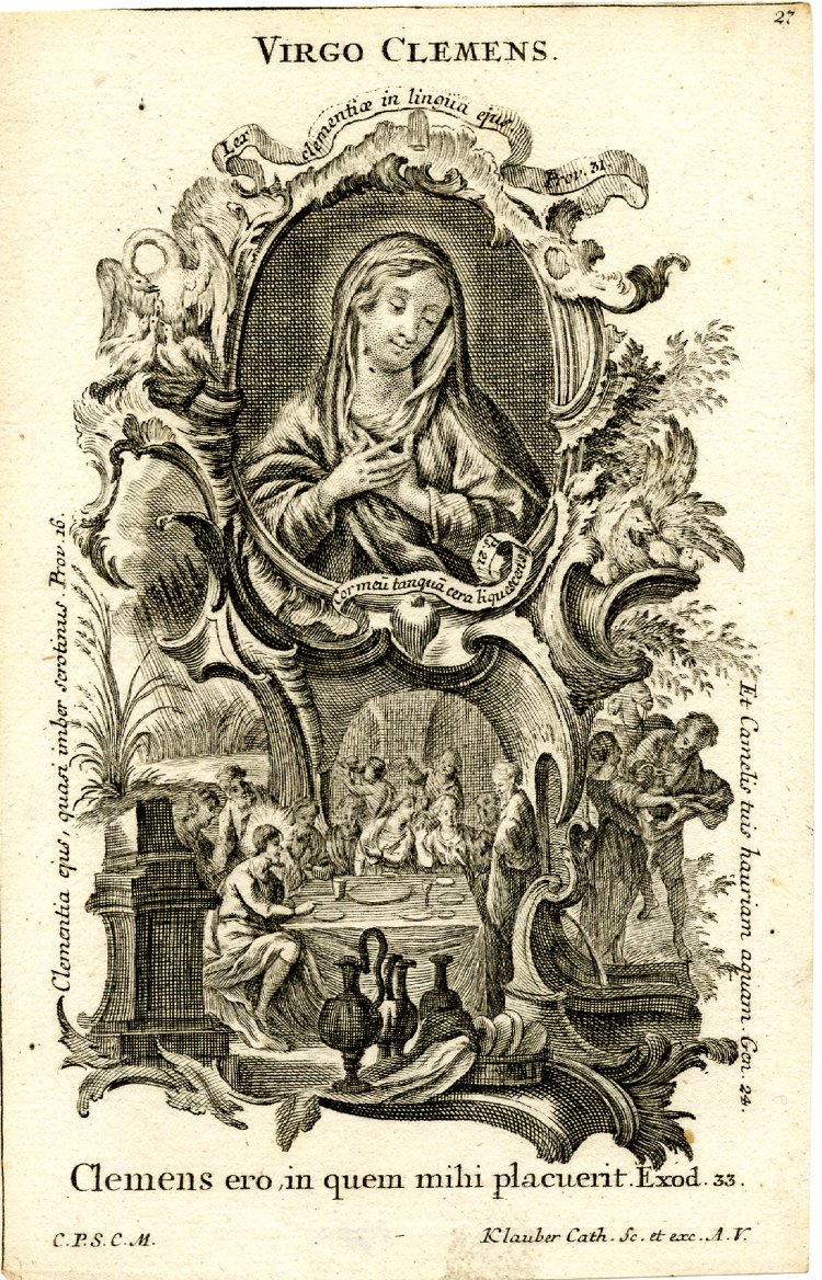 Virgo clemens, ora pro nobis.Virgin most merciful, pray for us.The Latin inscription reads:Clemens ero in quem mihi placuerit.“I will be merciful to you for you have found favor with me” (Exodus 33:19)