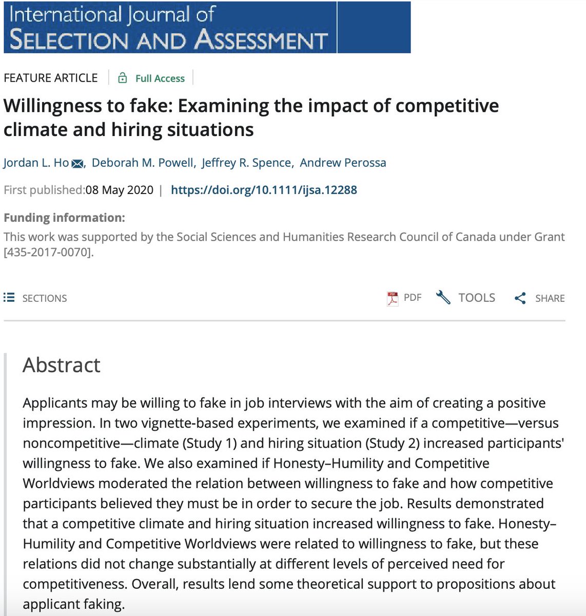 IJSA5's tweet photo. Willingness to fake: Examining the impact of competitive climate and hiring situations by Jordan L. Ho, Deborah M. Powell, Jeffrey R. Spence &amp; Andrew Perossa

First published: 08 May 2020

https://t.co/twms0p0Fh4 https://t.co/jcERxKvshV