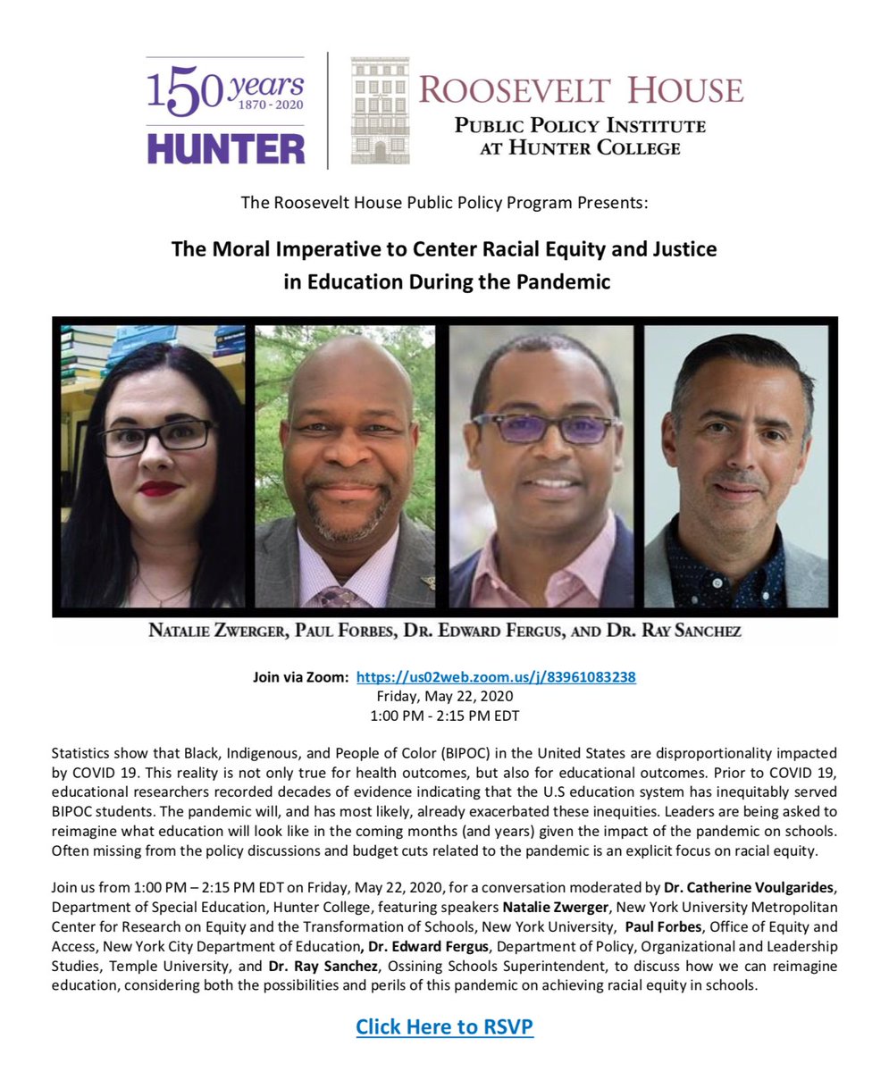 I look forward to joining my amazing colleagues, @Natalie_Zwerger, <a href="/EddieArcia/">Eddie Fergus Arcia</a> &amp; @OssiningSup on Friday, May 22nd at 1:00 "The Moral Imperative to Center Racial Equity &amp; Justice in Education During the Pandemic"
RSVP: community.hunter.cuny.edu/roosevelt-hous…
Thanks for the opportunity @cmkv181
