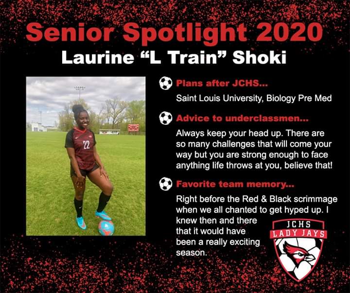 LadyJaysSoccer_'s tweet photo. Senior Spotlight: Laurine Shoki #22, daughter of Tasiana Malya and Godfrey Shoki. Good luck with all your future adventures!
#BuildingChampions
#jaypride https://t.co/bsLJdPRGnf