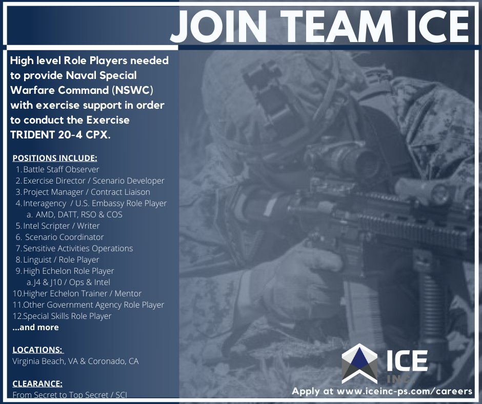 iceinc_corp's tweet photo. JOIN TEAM ICE! 

Actively seeking high level Role Players to provide short term exercise support for the Naval Special Warfare Command TRIDENT 20-4 CPX Exercise taking place in June through July! 
For more information about positions and dates apply now at https://t.co/vvVtzDds1g https://t.co/Dxk5QVp3H4