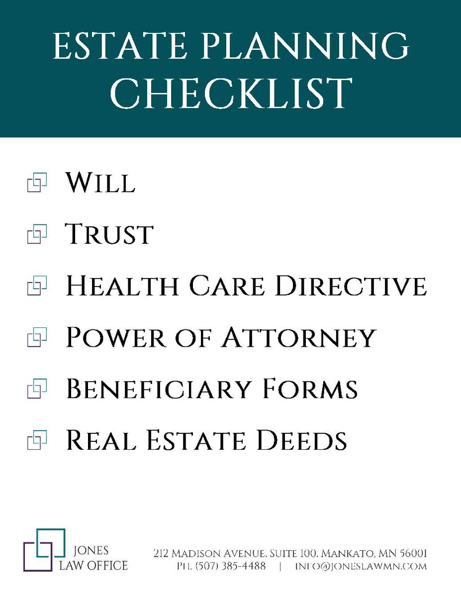 JonesLawMN's tweet photo. Have you completed your estate plan? See our Estate Plan Checklist for important documents you need. Contact our office to get started.

#JonesLawOffice #EstatePlanning https://t.co/u7iq5PyqLK