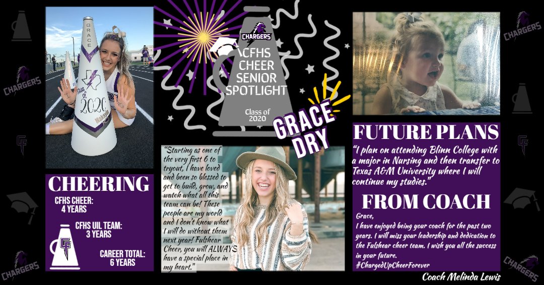 fulshearcheer's tweet image. Senior cheerleader spotlight 💜⚡Congratulations to Grace Dry! Grace will be attending Blinn College in the fall to focus her studies on nursing. We want to wish her the very best with her future goals as she starts this new chapter in her life. #ChargerSeniorSpotlight