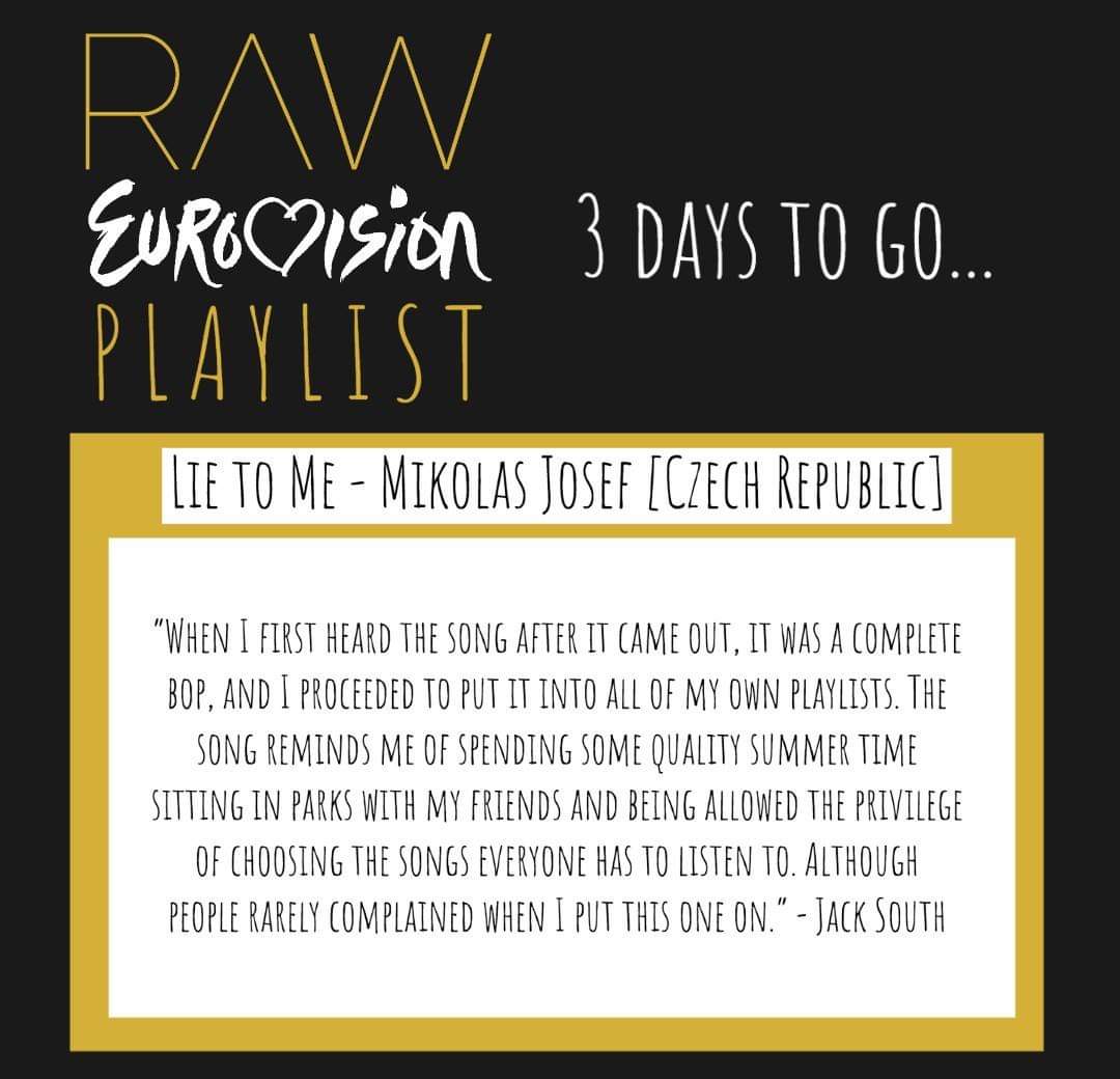 Just 3 days left...

Today's preview is a recent classic from Czechia 🇨🇿, Mikolas Josef's 'Lie to Me'. Big up <a href="/Confused_Parrot/">Confused Parrot</a> for the recommendation!

Stream it here:
open.spotify.com/track/6zBdVVks…

#Eurovision2020 #Eurovision