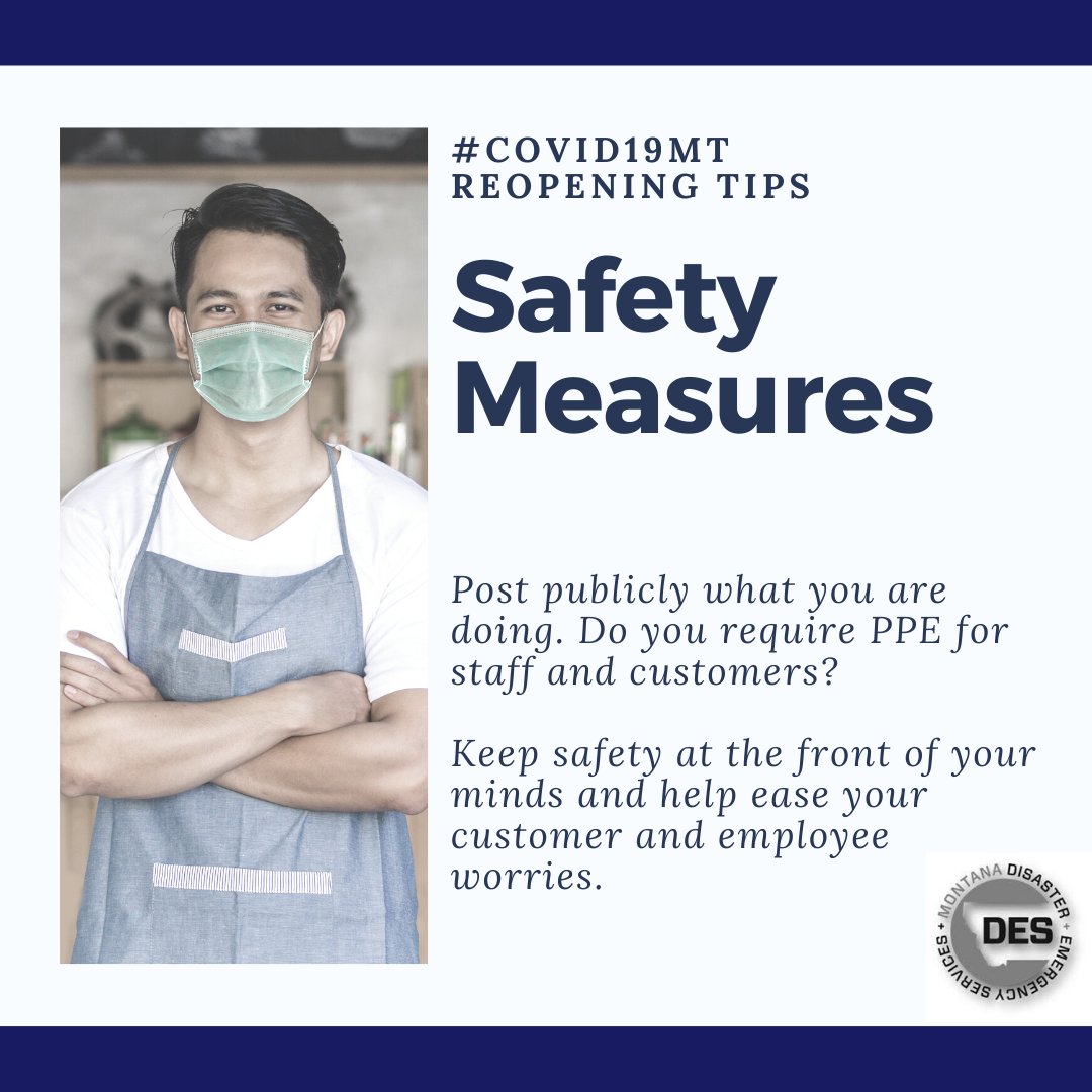 MontanaDES's tweet photo. As Montana begins to slowly revive our economy, communications will remain paramount. We've provided a few reopening tips to help you communicate with your customers and the public in the days and weeks to come. #COVID19MT #TogetherMT https://t.co/sOywdsJyTN