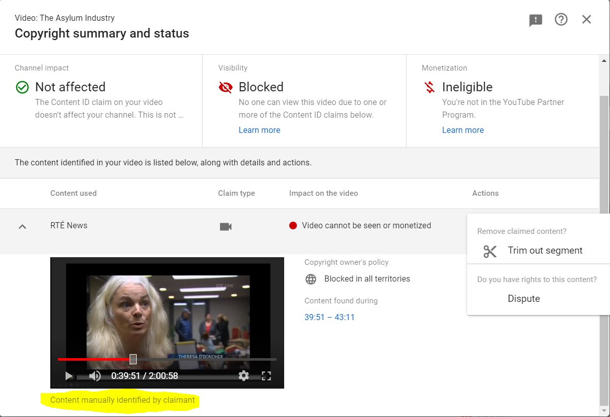 RTE manually identified the content which I spent 2mins35 commenting on and 45seconds playing, in my own 2hour documentary which I uploaded 10 months ago.Why?