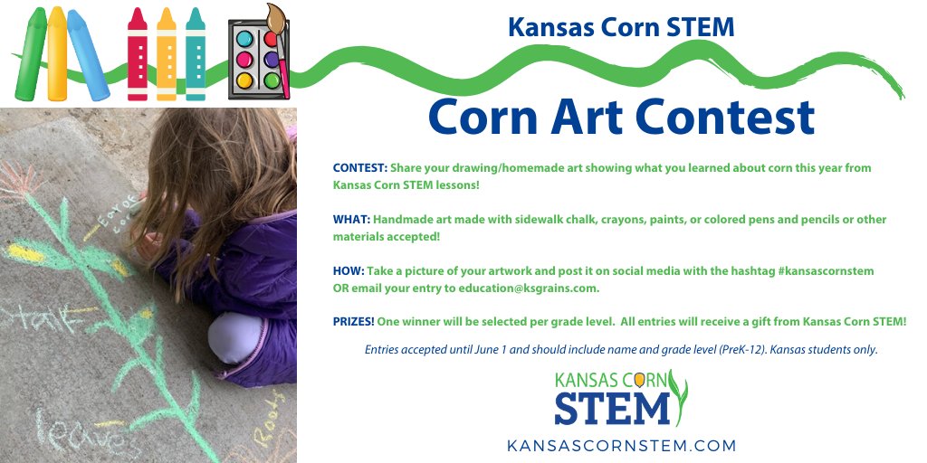 kansascornSTEM's tweet photo. Looking for a fun activity for your students? Kansas Corn STEM's Corn Art Contest is a creative way for PreK-12th grade students to show what they've learned about corn! Just post a photo of your artwork with name and grade level and tag #kansascornstem! https://t.co/W83h1VG0AH