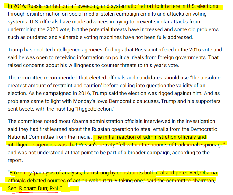 7/ The truth, of course, is that Obama & co botched the Russia investigation... just not the way you're being told through the dumbass  #ObamaGate narrative. But don't take my word for it, here's a Senator from your team https://www.usnews.com/news/politics/articles/2020-02-06/senate-obama-officials-hamstrung-by-russia-election-attack