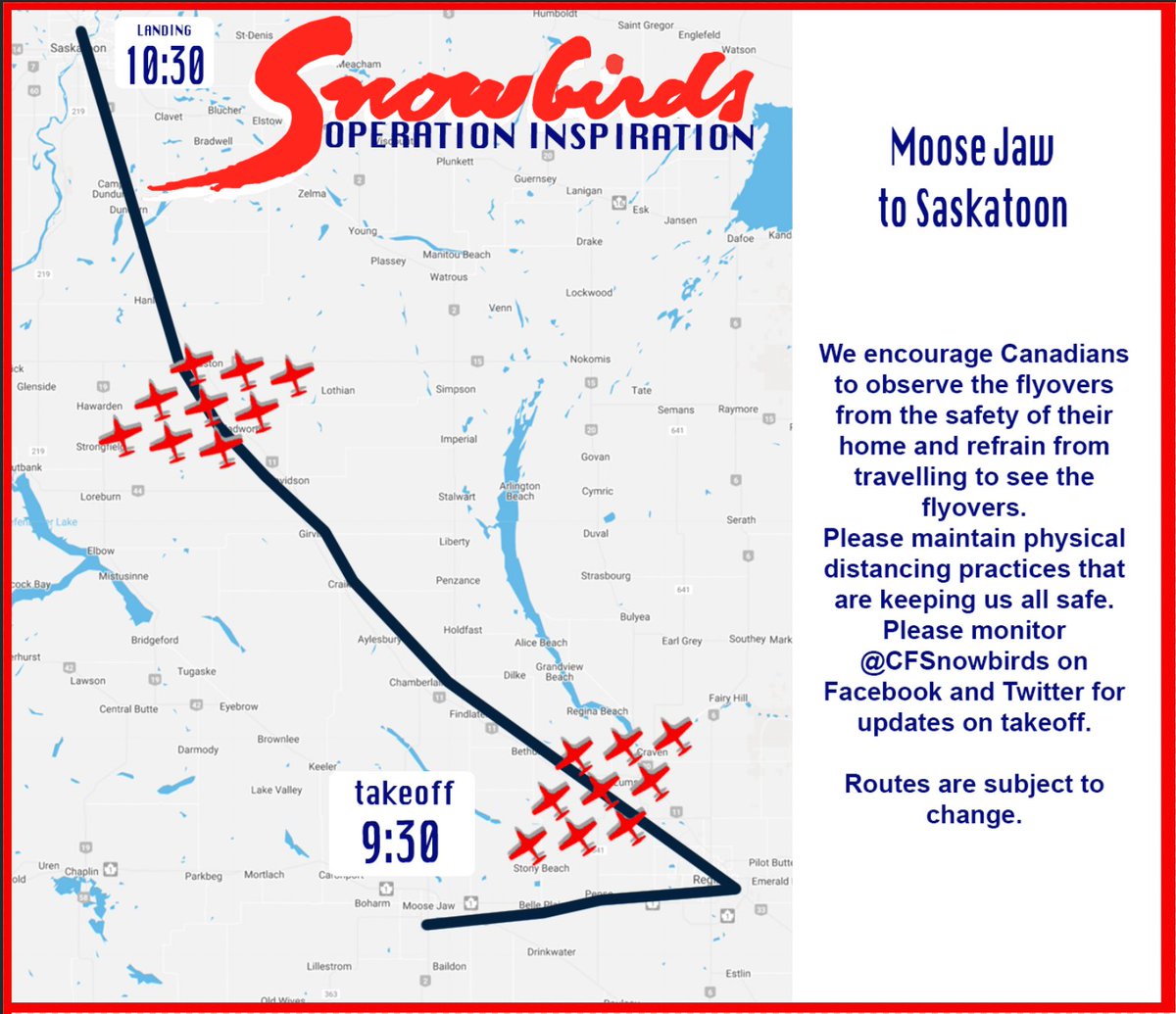 CFSnowbirds's tweet photo. THURSDAY FLYPASTS: Routes and times are subject to change. Watch our Facebook or Twitter accounts for updates on take-offs. #Regina #Saskatoon #Battlefords #Lloydminster #ColdLake #cfsnowbirds #rcaf https://t.co/gFCBTQ9NQ8