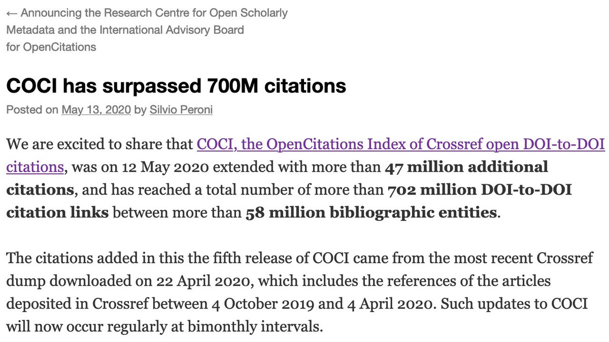 opencitations's tweet image. Proud to announce that our 1st #OpenCitations Index, #COCI, now includes &amp;gt;702M citations: it has been extended w/ citations of the publications having metadata deposited in #Crossref between Oct 2019 and Apr 2020 – incl. #COVID19 related publications
opencitations.wordpress.com/2020/05/13/coc… #I4OC